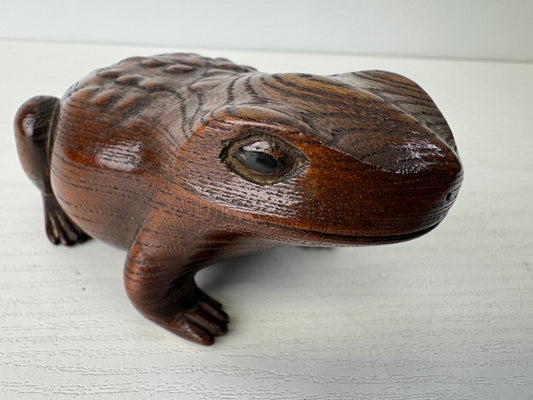 Y9557 OKIMONO Zelkova wood carving Frog figure figurine signed Japan antique