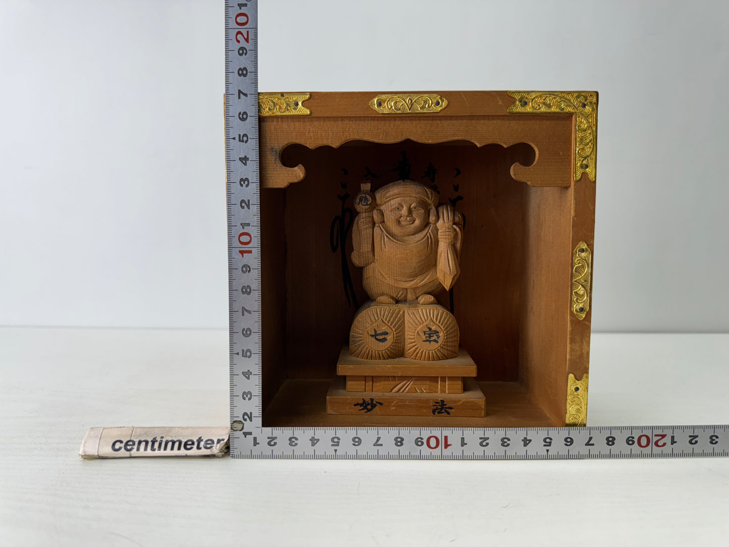 Y9562 STATUE wood carving Daikoku God of Wealth figurine signed Japan antique