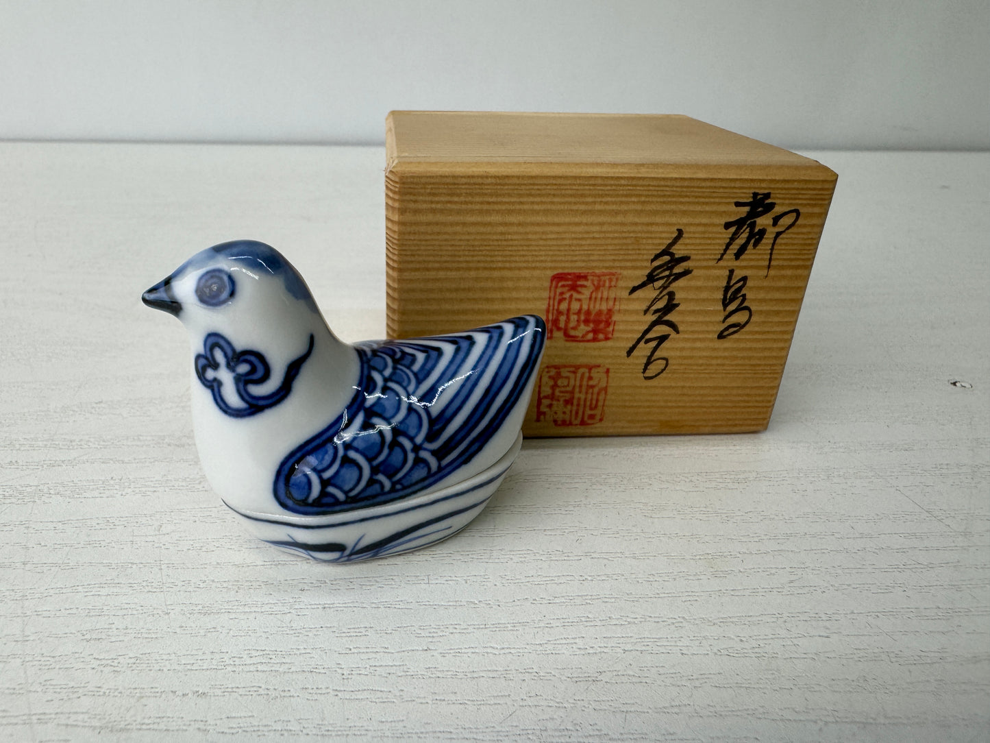 Y9565 BOX Kyo-ware signed Bird Japan antique incense case fragrance aromatherapy