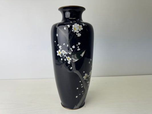 Y9567 FLOWER VASE Black Cloisonne Bird Japan ikebana floral arrangement interior