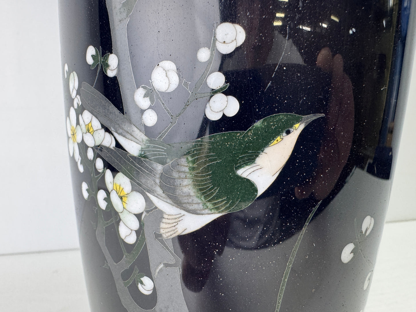 Y9567 FLOWER VASE Black Cloisonne Bird Japan ikebana floral arrangement interior