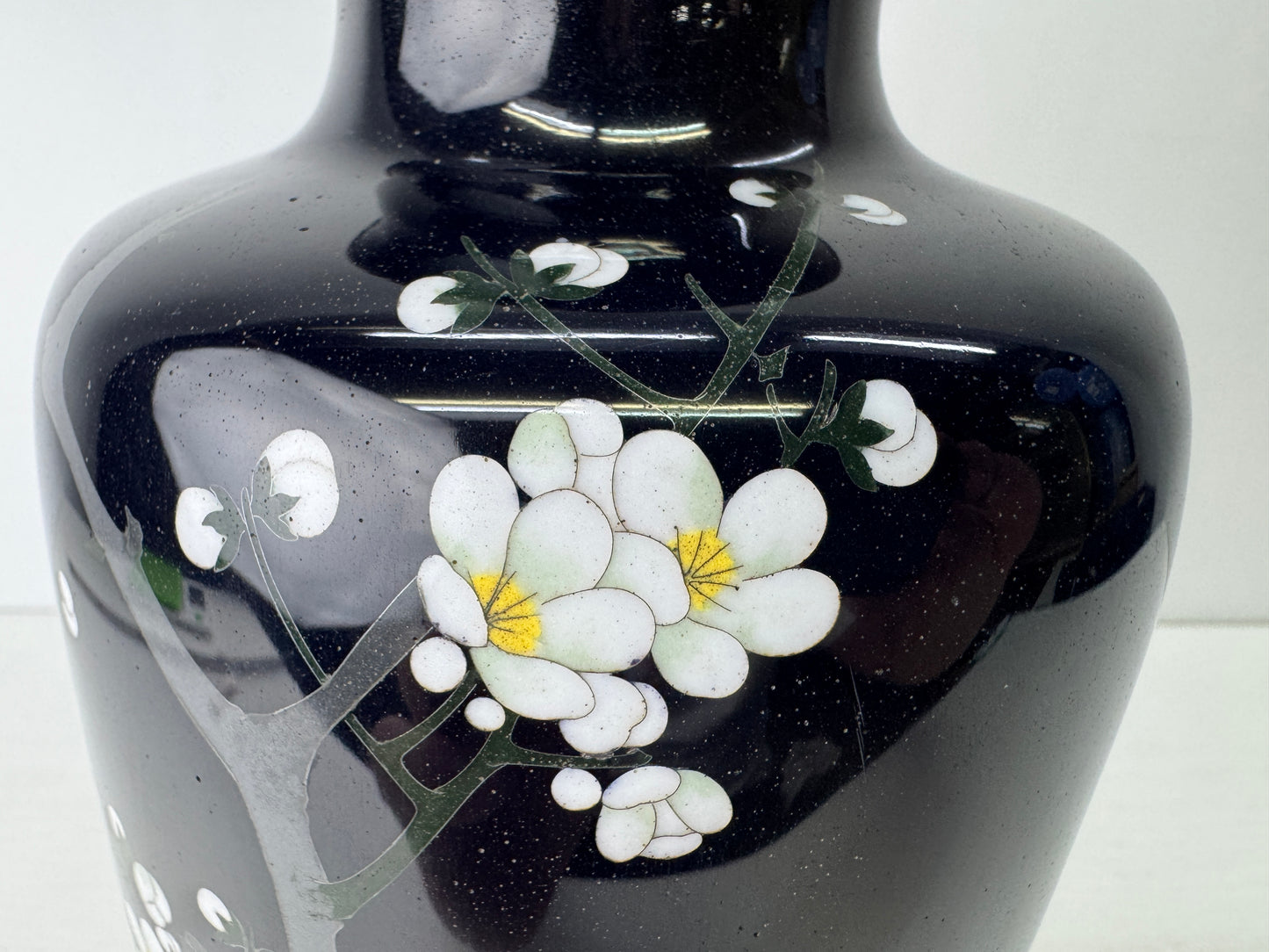 Y9567 FLOWER VASE Black Cloisonne Bird Japan ikebana floral arrangement interior