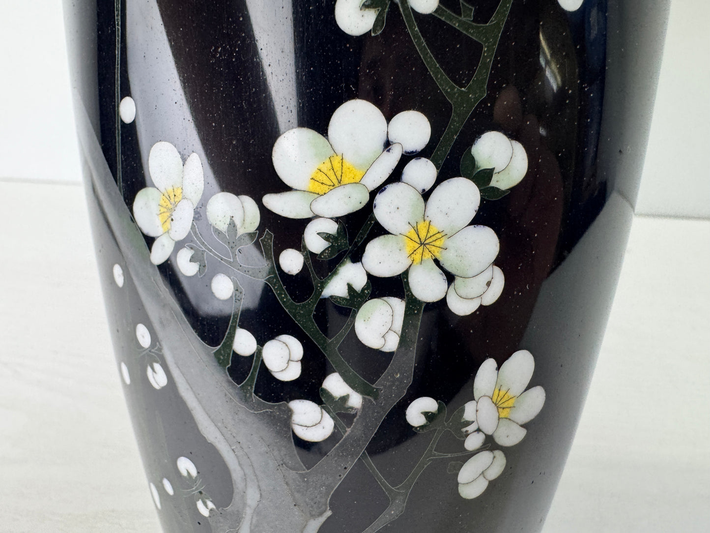 Y9567 FLOWER VASE Black Cloisonne Bird Japan ikebana floral arrangement interior