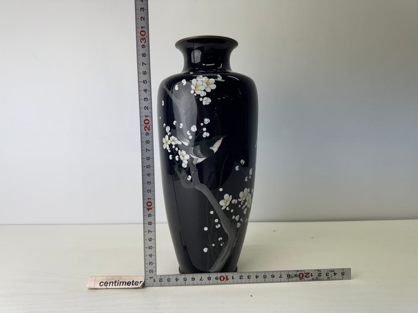 Y9567 FLOWER VASE Black Cloisonne Bird Japan ikebana floral arrangement interior