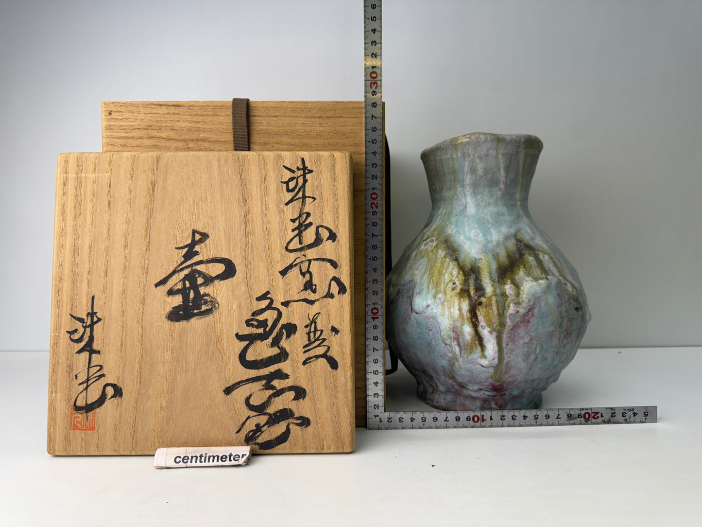 Y9568 FLOWER VASE Mino-ware signed box Japan ikebana floral arrangement interior