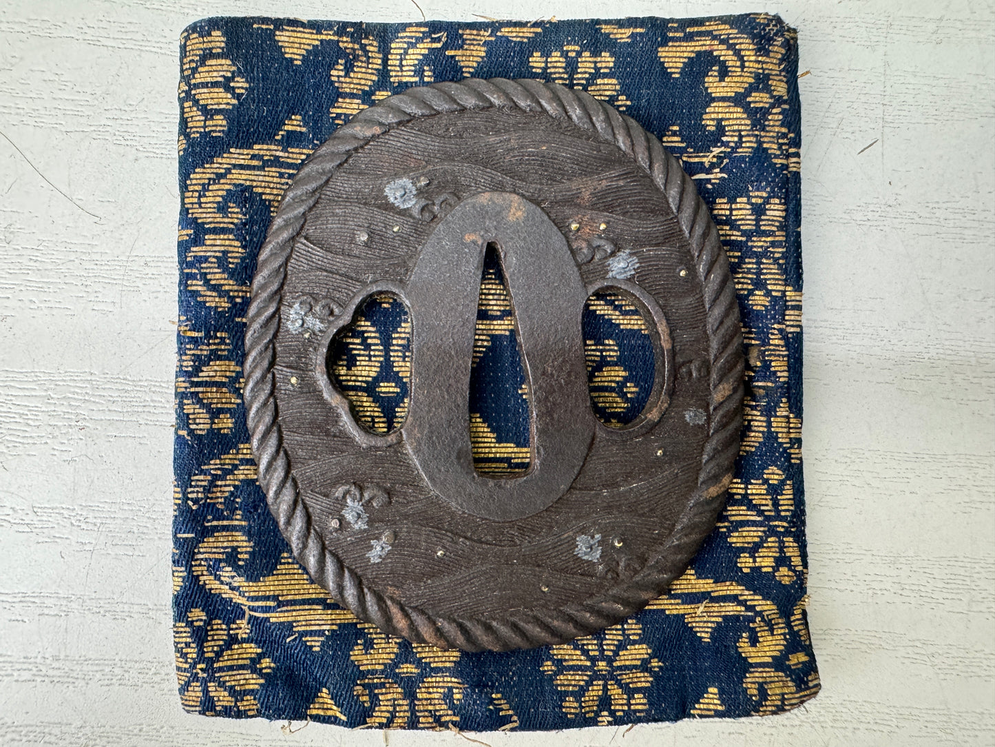 Y9578 TSUBA Iron sword guard signed Japan samurai katana antique koshirae edo