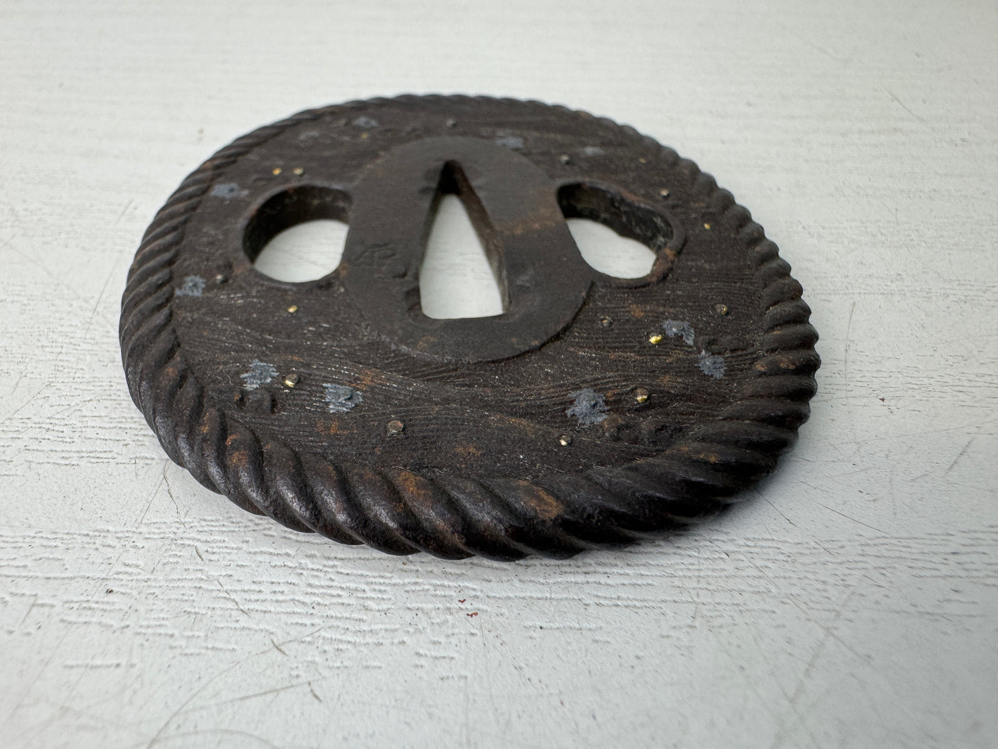 Y9578 TSUBA Iron sword guard signed Japan samurai katana antique koshirae edo