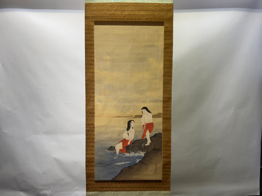 Y9586 KAKEJIKU Beautiful woman signed box Japan antique hanging scroll interior