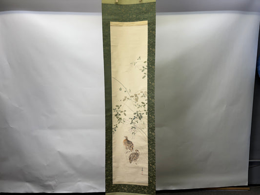 Y9587 KAKEJIKU Quail bird signed box Japan antique hanging scroll art interior