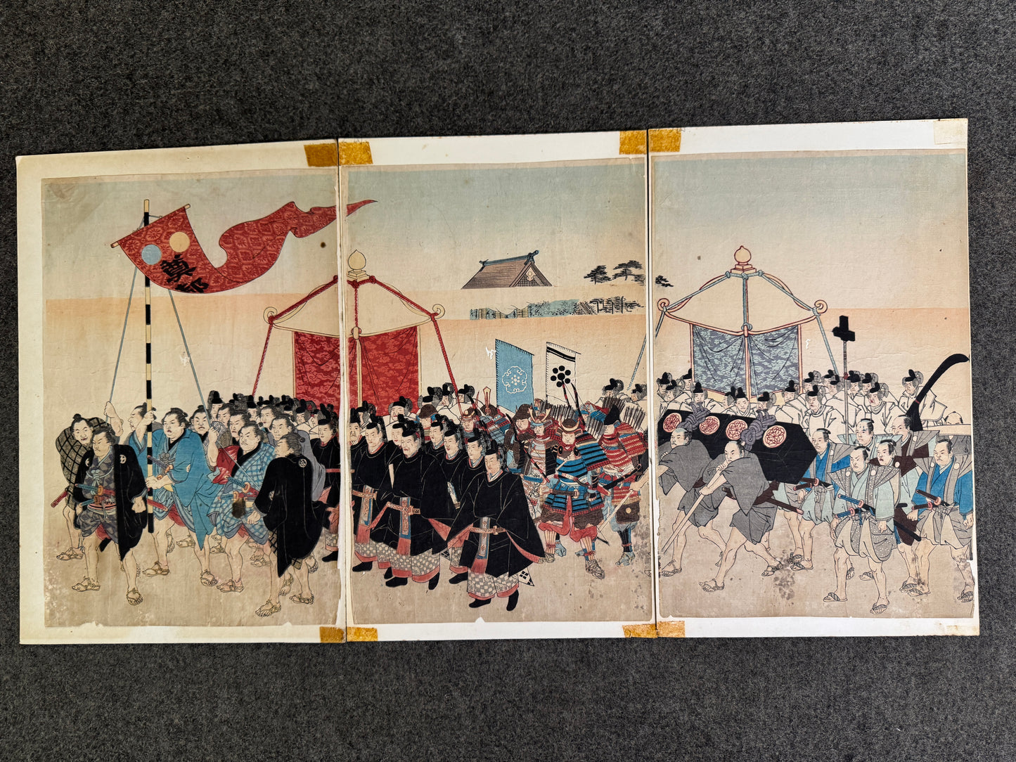 Y9591 WOODBLOCK PRINT Chikanobu 9 pieces Daimyo Procession Japan Ukiyoe antique