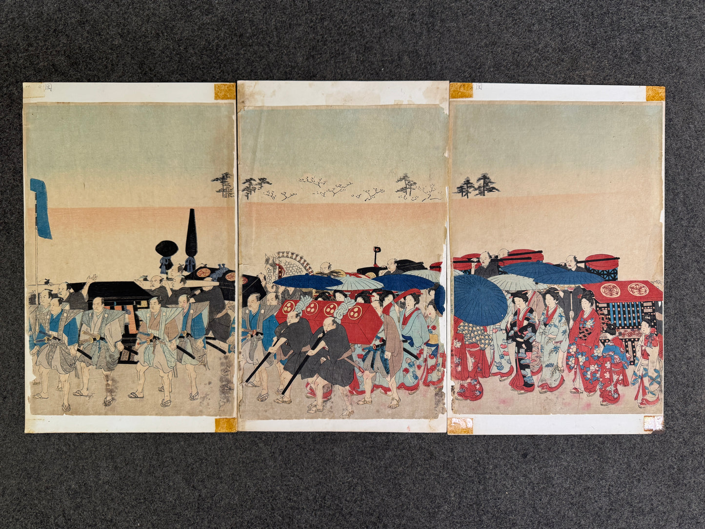 Y9591 WOODBLOCK PRINT Chikanobu 9 pieces Daimyo Procession Japan Ukiyoe antique