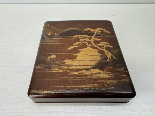 Y9596 BOX Suzuri inkstone case Kinkakuji Temple Makie Japan antique container