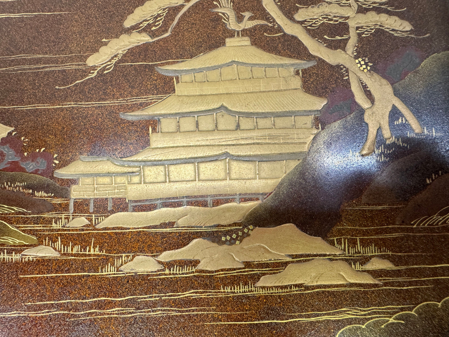 Y9596 BOX Suzuri inkstone case Kinkakuji Temple Makie Japan antique container