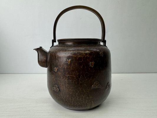 Y9610 KETTLE Copper teapot tea pot Wave Chidori bird signed Japan antique