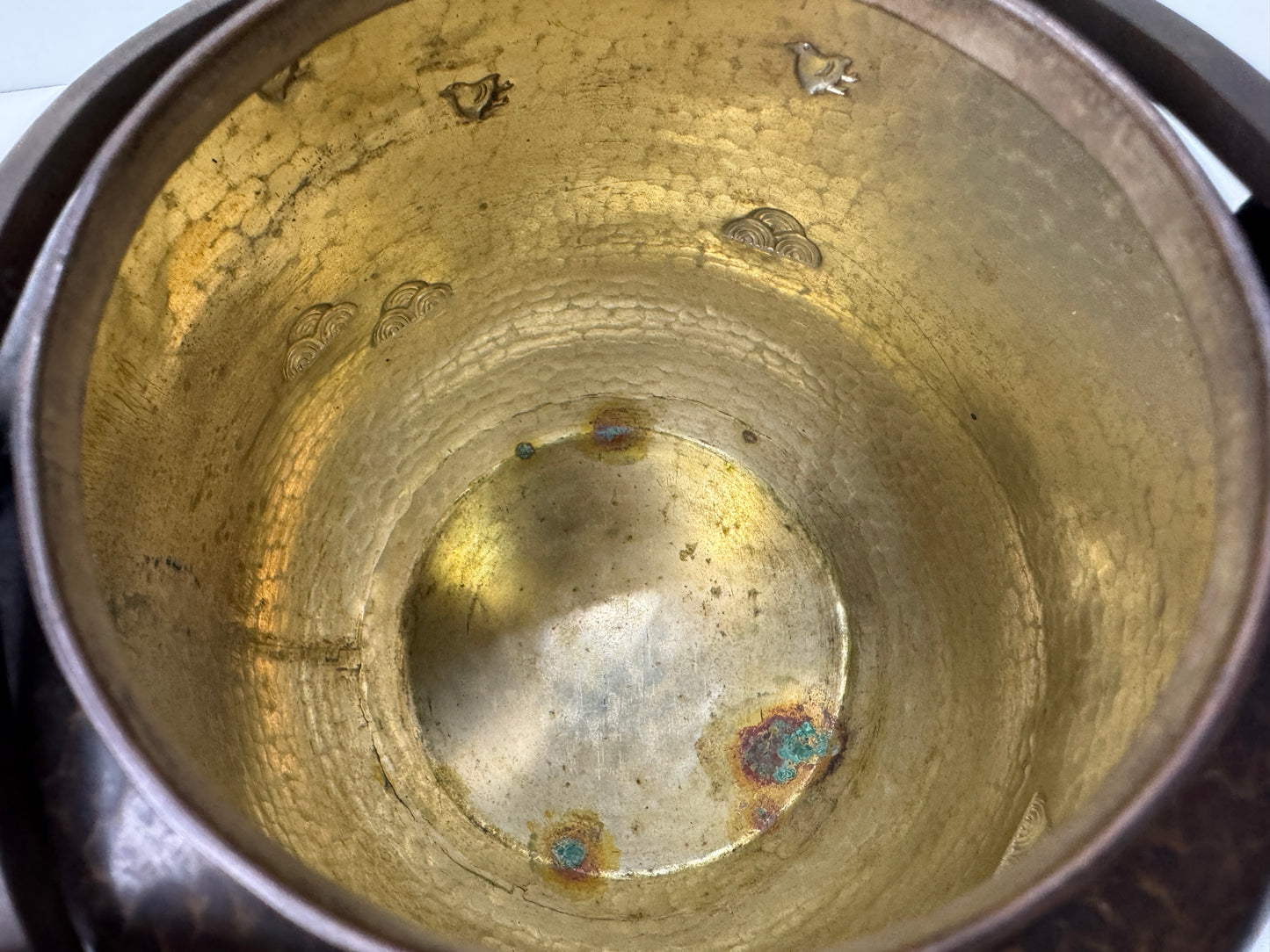 Y9610 KETTLE Copper teapot tea pot Wave Chidori bird signed Japan antique