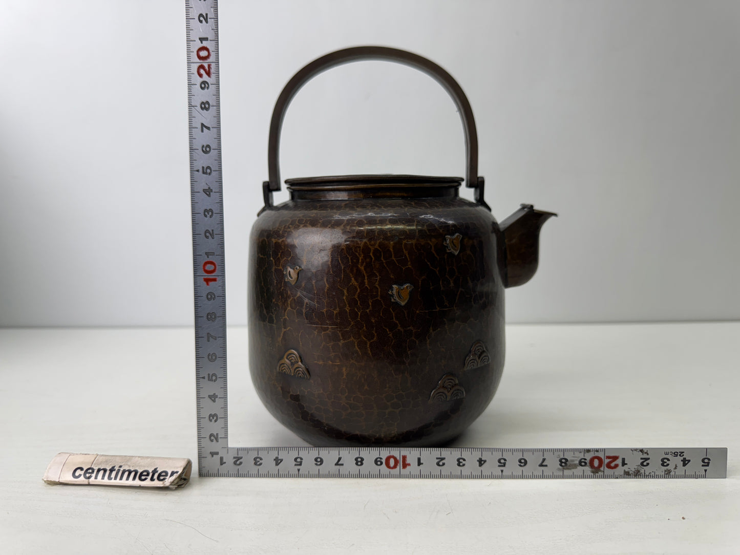 Y9610 KETTLE Copper teapot tea pot Wave Chidori bird signed Japan antique