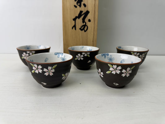 Y9613 CHAWAN Kyo-ware Sencha cup set of 5 signed box Japan antique tea ceremony