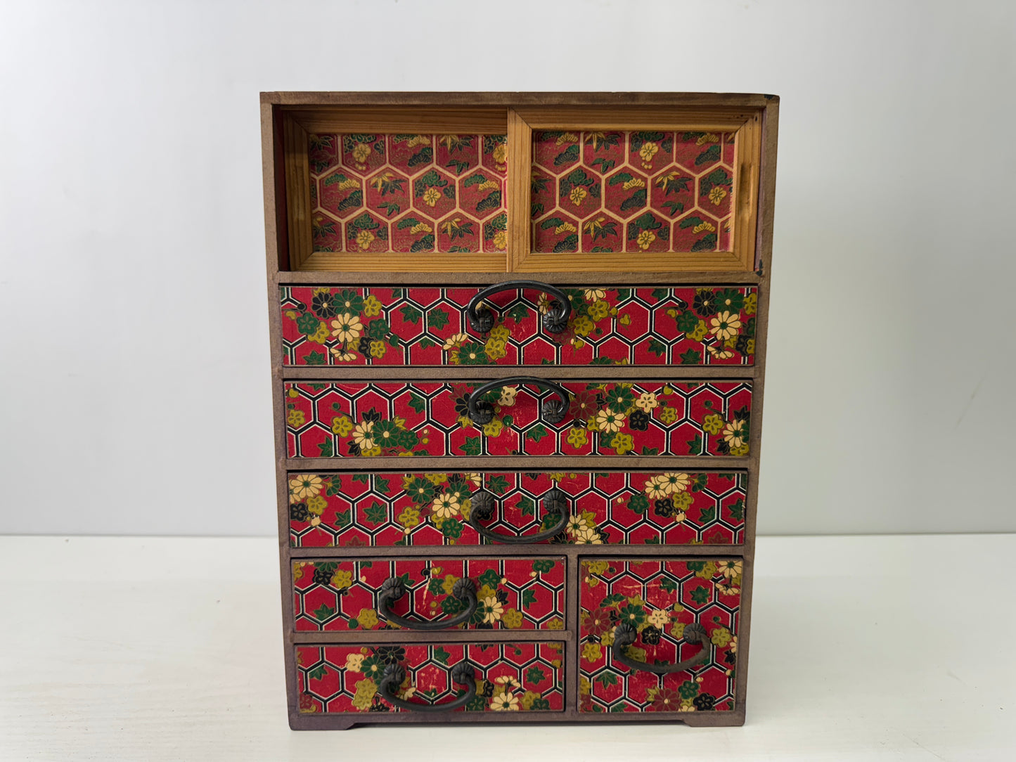 Y9617 TANSU small wooden Chest of drawers floral pattern furniture Japan antique