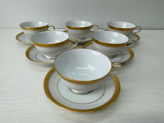 Y9637 CHAWAN NORITAKE Gold-leaf Cup Saucer set of 6 box Japan antique tableware