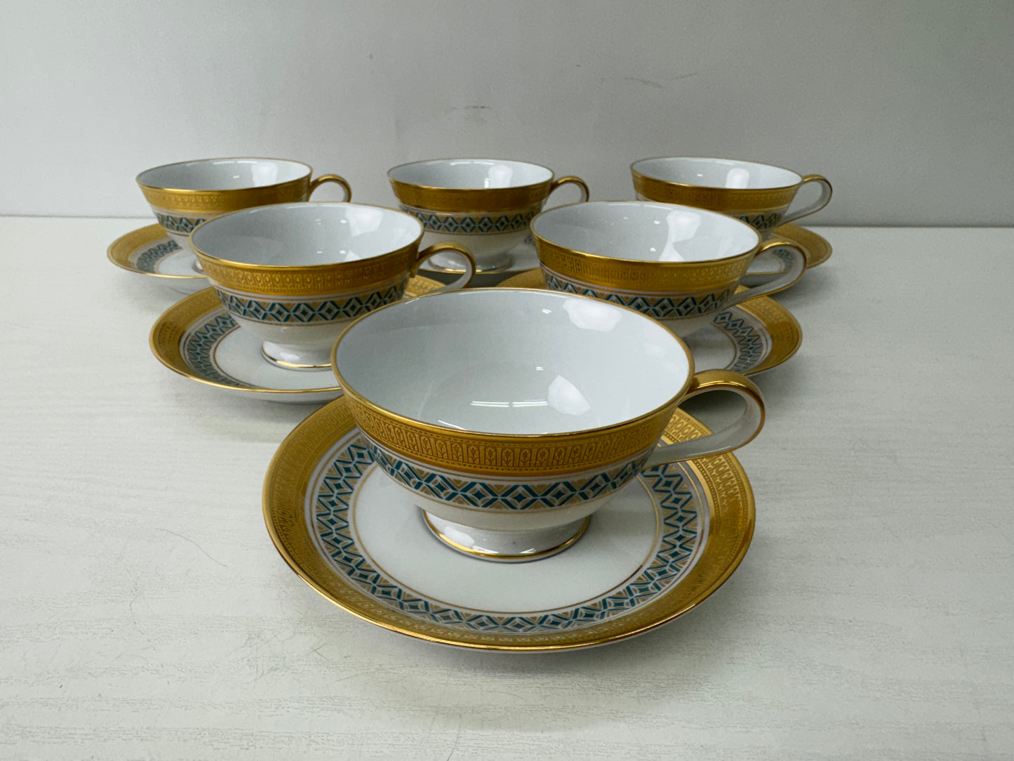 Y9638 CHAWAN NORITAKE Gold-leaf Cup Saucer set of 6 box Japan antique tableware
