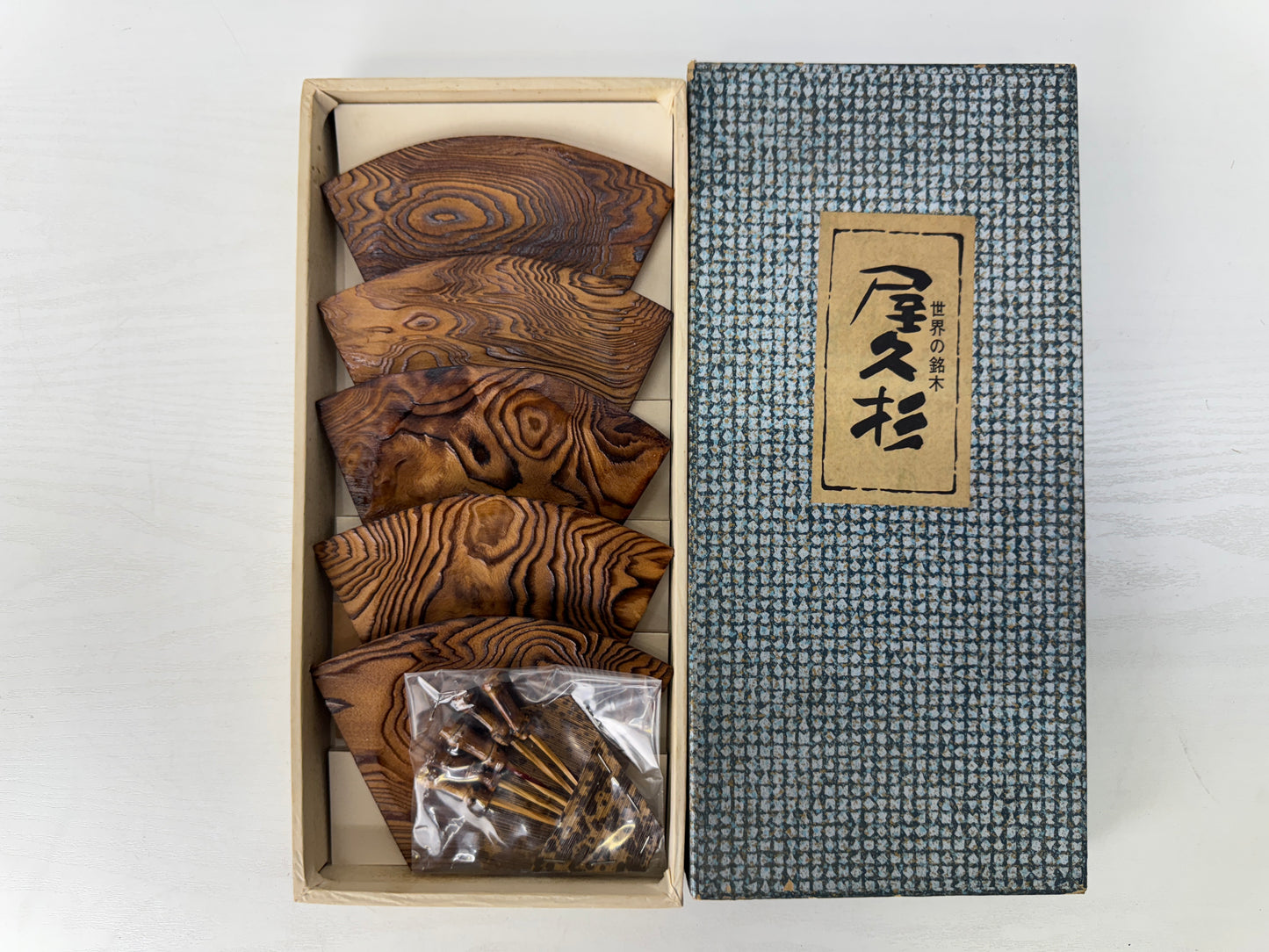 Y9664 DISH Yakusugi cedar Serving plate set of 5 box Japan antique tabelware