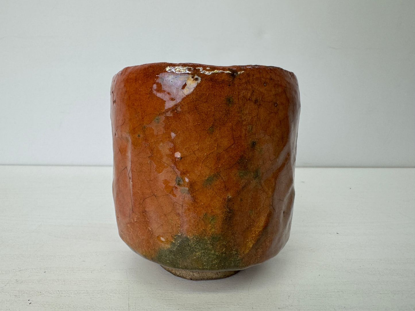 Y9673 CHAWAN Raku-ware red tube bowl signed box Japan antique tea ceremony cup