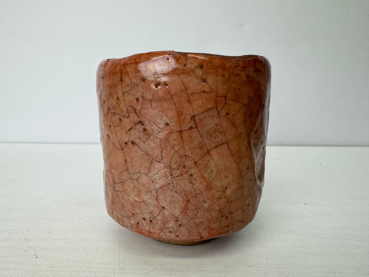 Y9673 CHAWAN Raku-ware red tube bowl signed box Japan antique tea ceremony cup