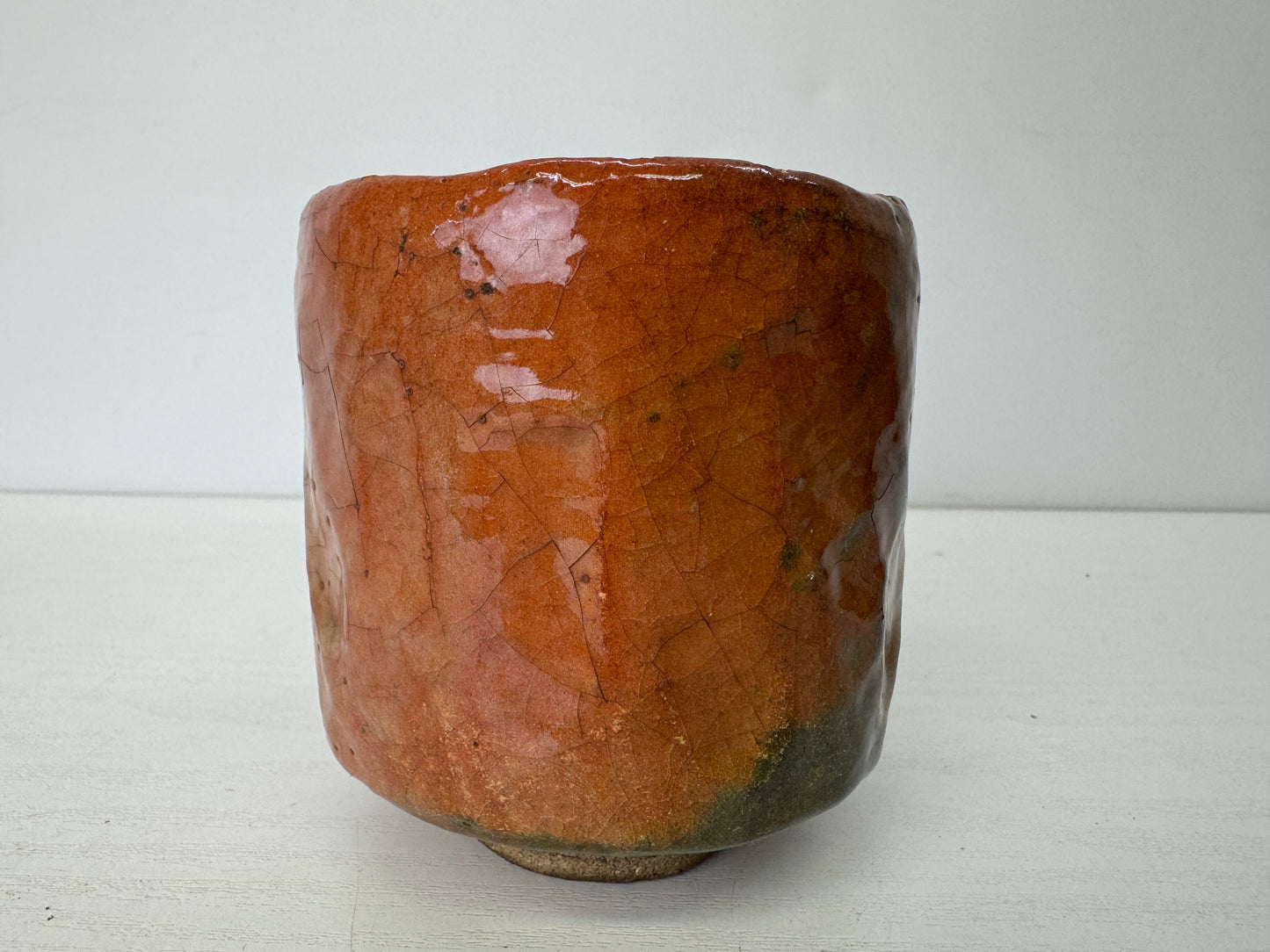 Y9673 CHAWAN Raku-ware red tube bowl signed box Japan antique tea ceremony cup