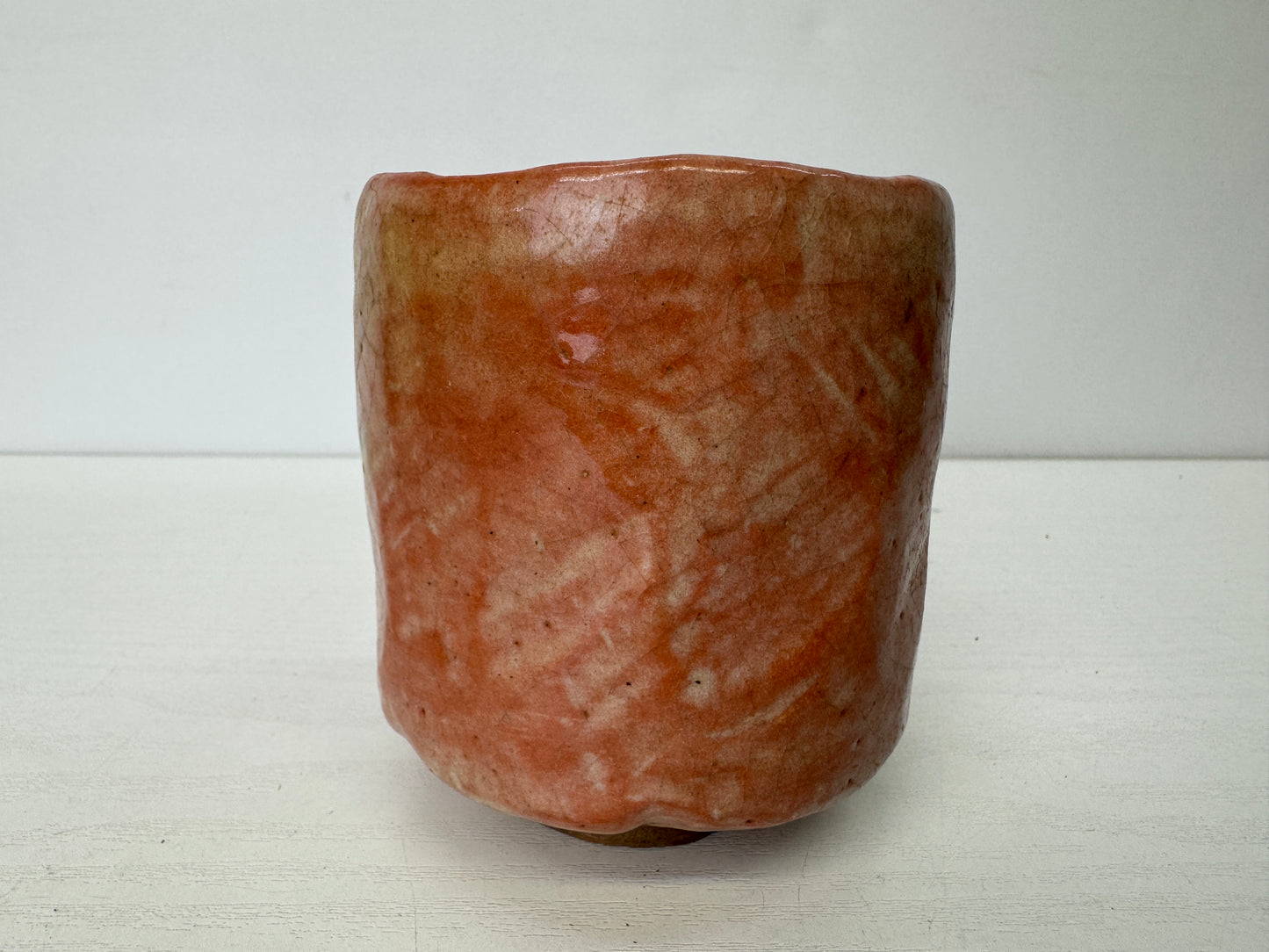 Y9674 CHAWAN Raku-ware red tube bowl signed box Japan antique tea ceremony cup