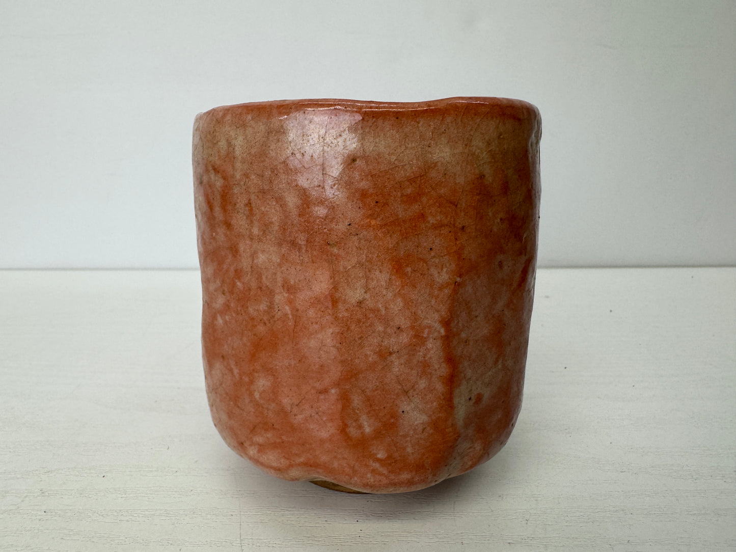 Y9674 CHAWAN Raku-ware red tube bowl signed box Japan antique tea ceremony cup