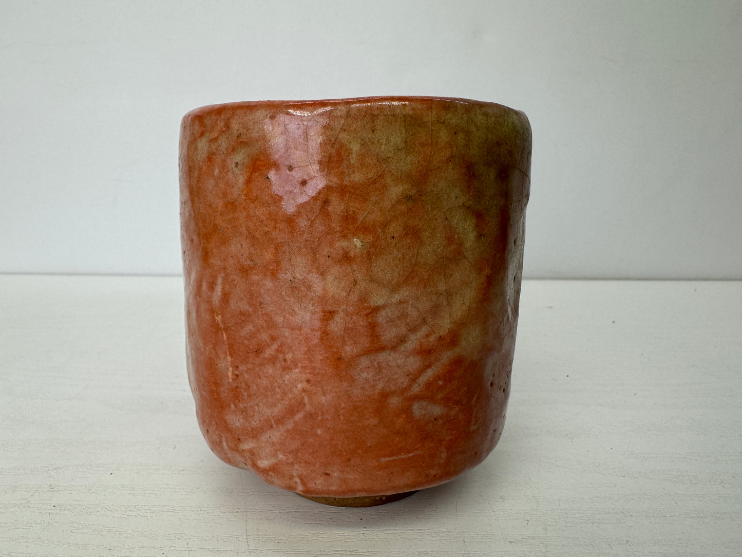 Y9674 CHAWAN Raku-ware red tube bowl signed box Japan antique tea ceremony cup