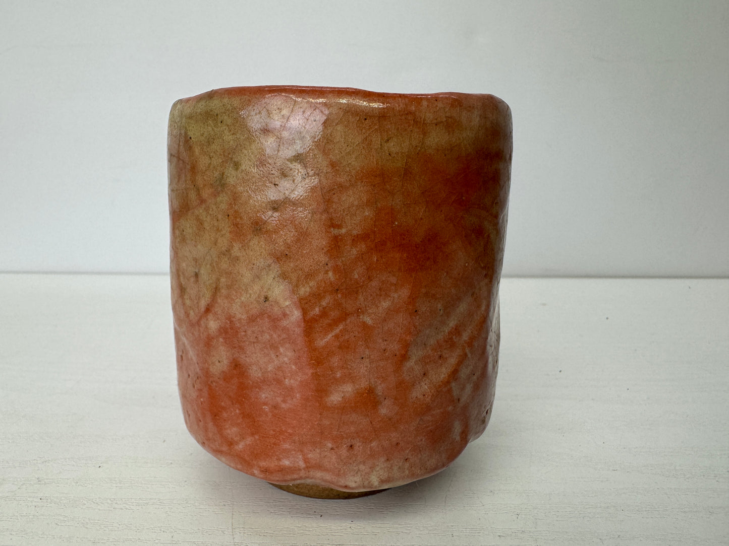 Y9674 CHAWAN Raku-ware red tube bowl signed box Japan antique tea ceremony cup