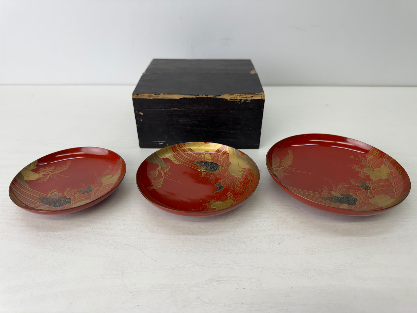 Y9682 CHAWAN Makie Three-tiered Sake cup sakazuki box Japan antique tableware