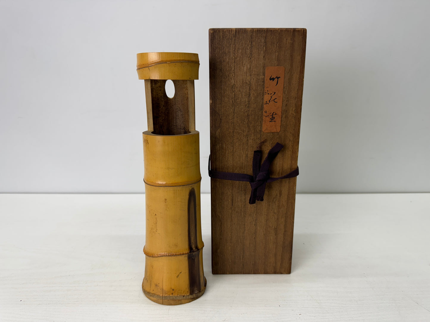 Y9686 FLOWER VASE Bamboo signed box Japan antique ikebana floral arrangement