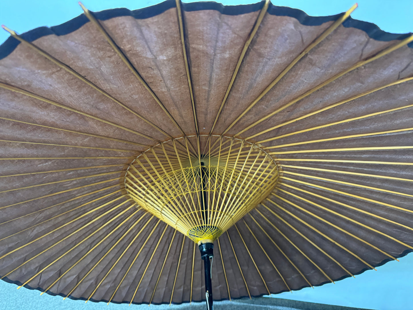 Y9693 WAGASA Bamboo woven Japanese umbrella black paper Japan antique bangasa