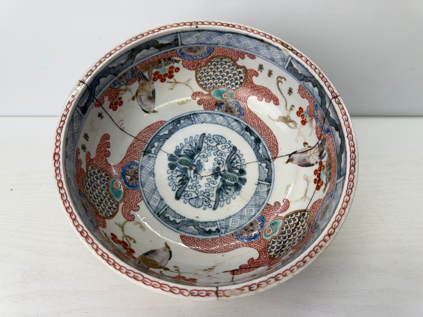 Y9696 CHAWAN Koimari large bowl kintsugi color picture Japan antique tableware