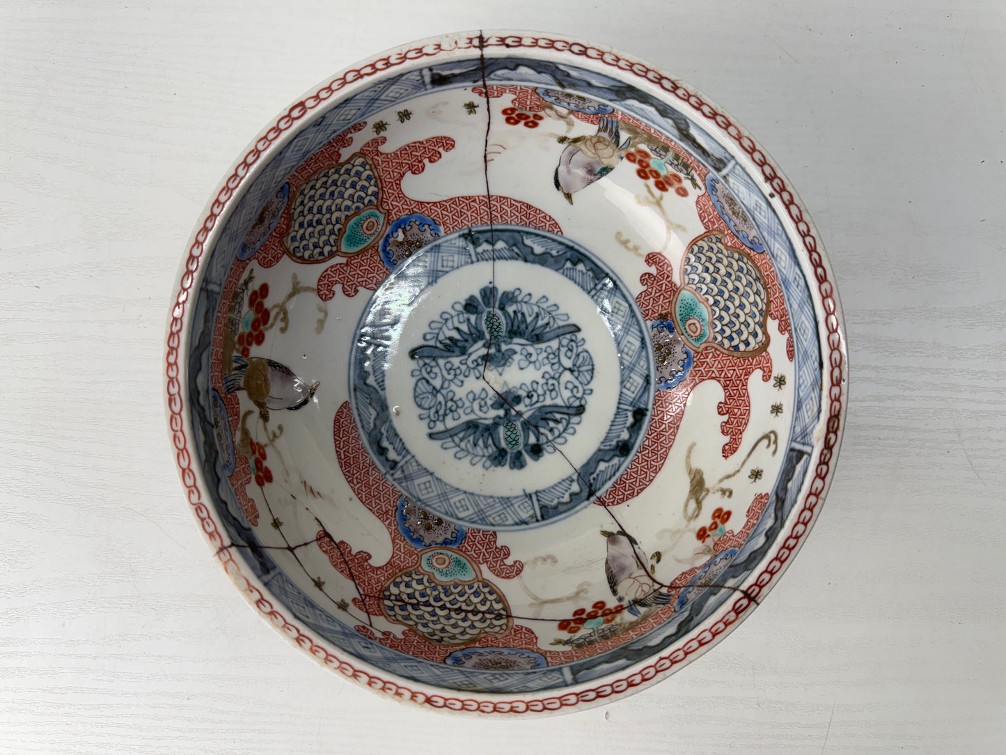 Y9696 CHAWAN Koimari large bowl kintsugi color picture Japan antique tableware