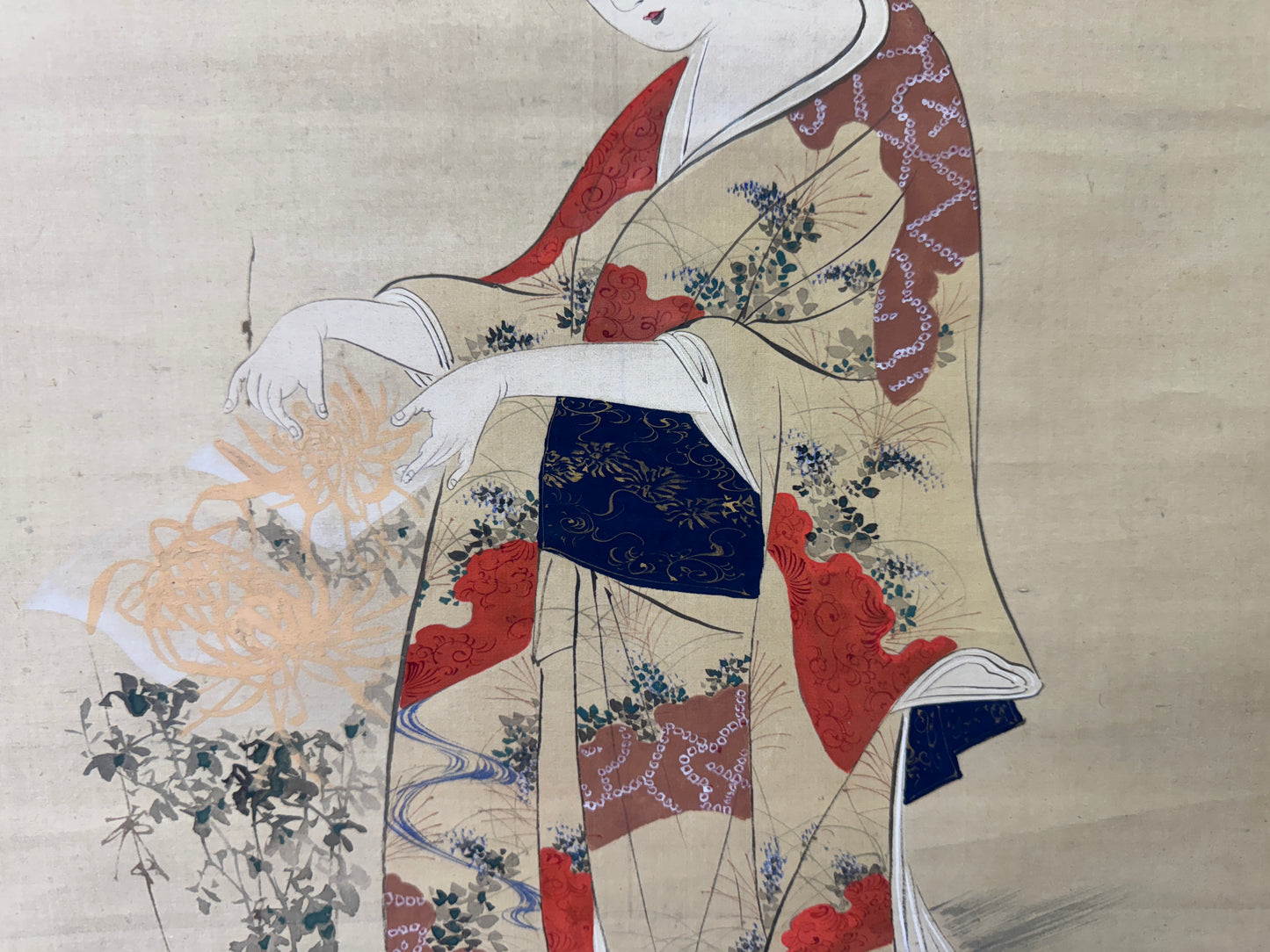 Y9709 KAKEJIKU Hanging scroll hand-painted Beautiful woman signed Japan antique