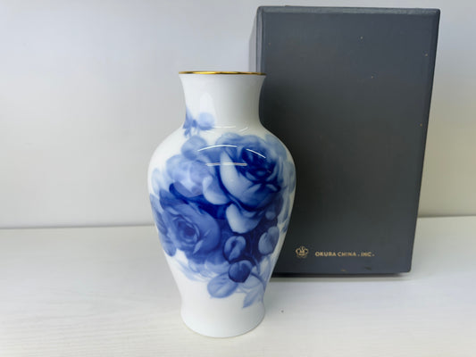 Y9723 FLOWER VASE Blue Rose signed box Japan antique ikebana floral arragement