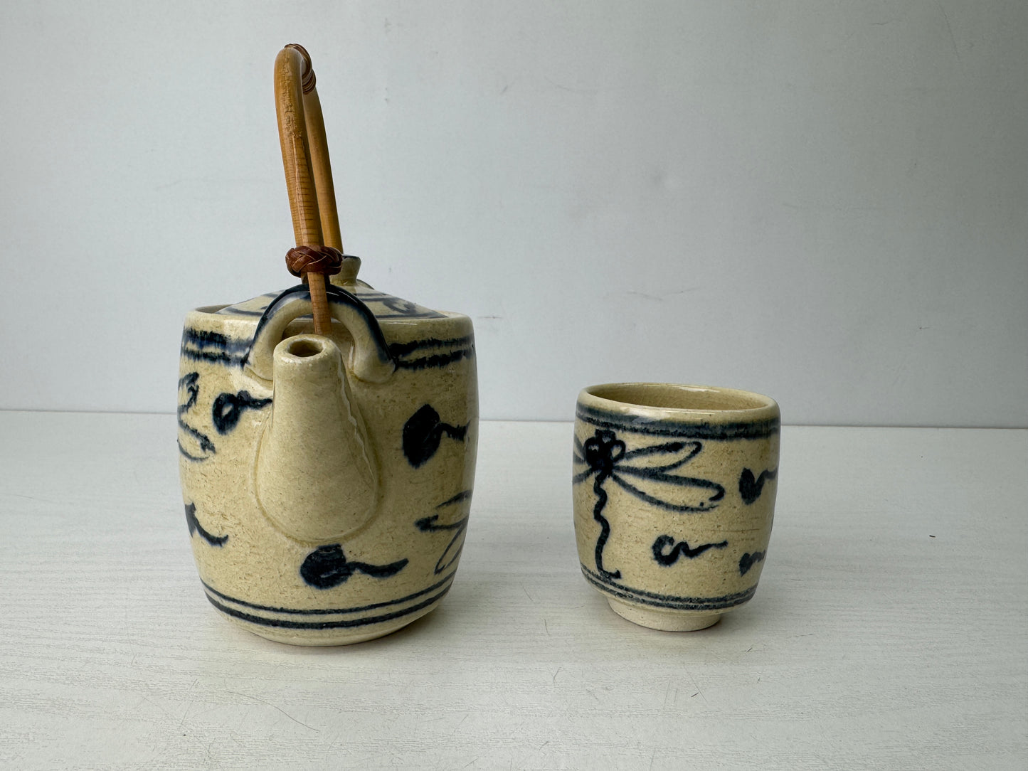 Y9724 KYUSU Kyo-ware dragonfly signed teapot cup set Japan antique tea ceremony