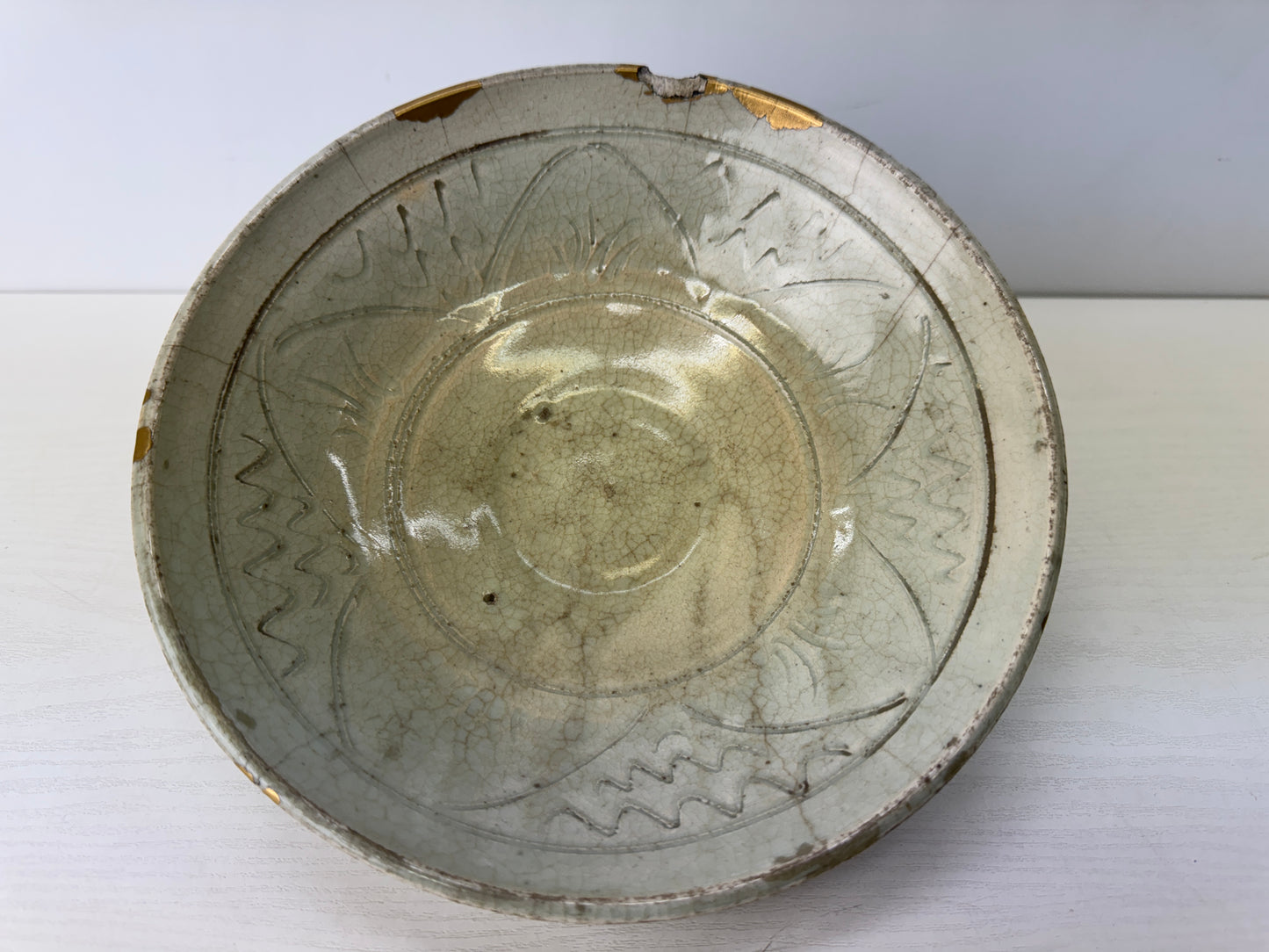 Y9727 CHAWAN Mino-ware large bowl kintsugi signed  Japan antique tableware