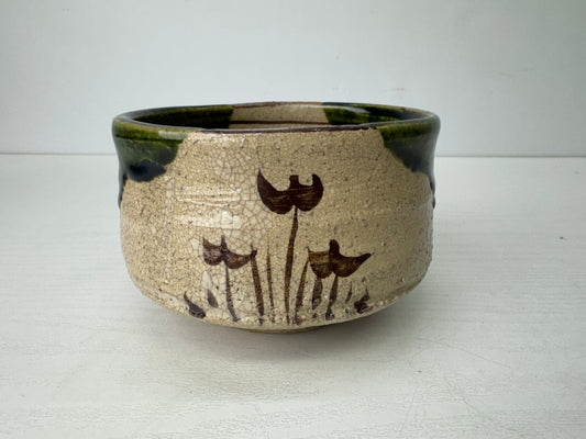Y9729 CHAWAN Oribe-ware bowl signed Japan antique tea ceremony pottery cup