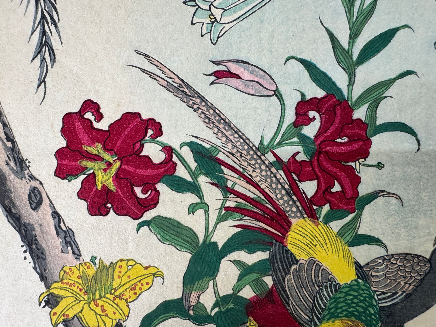 Y9751 WOODBLOCK PRINT Rinsai Lily Golden Pheasant 1 piece Japan Ukiyoe antique