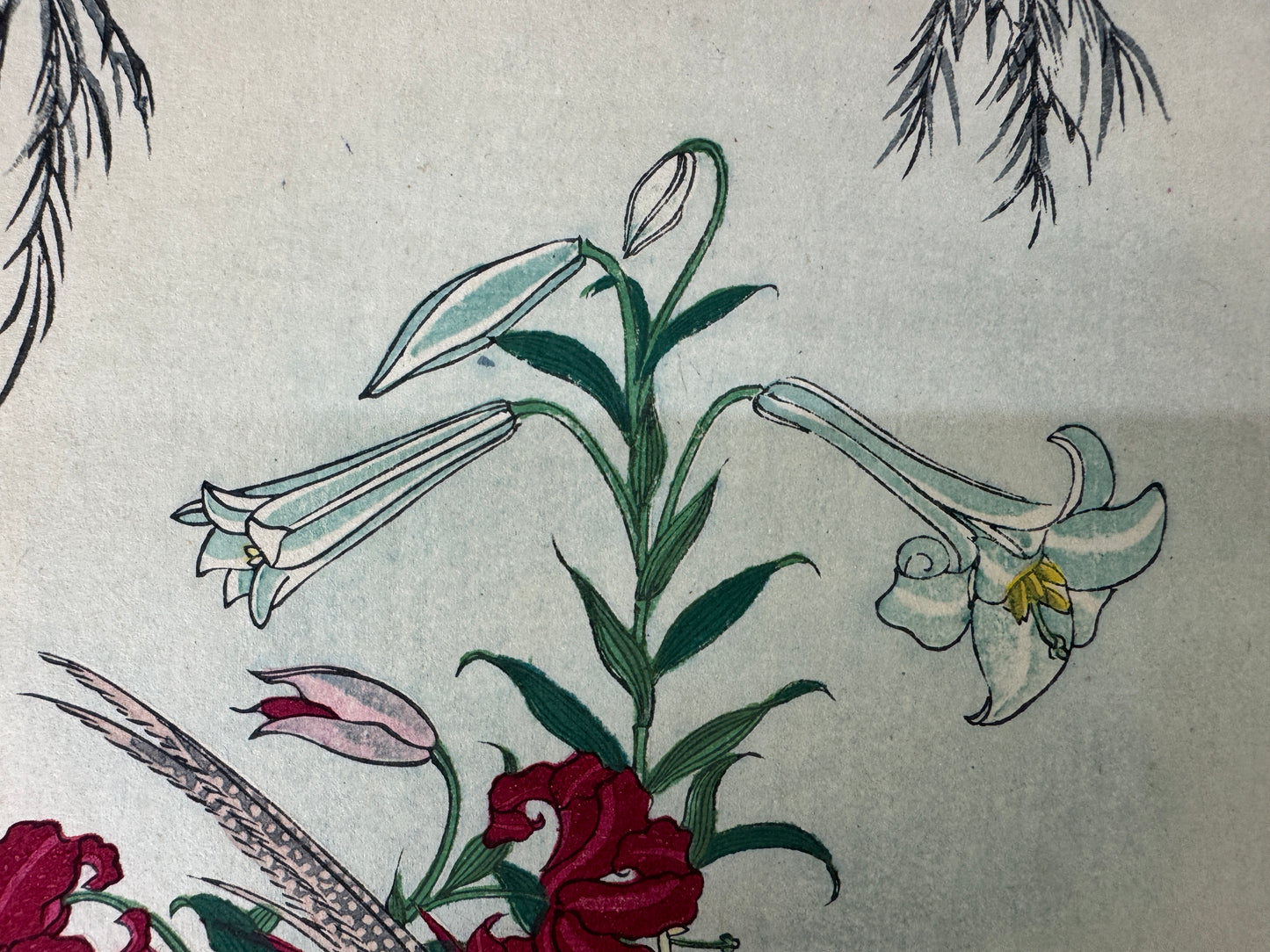 Y9751 WOODBLOCK PRINT Rinsai Lily Golden Pheasant 1 piece Japan Ukiyoe antique