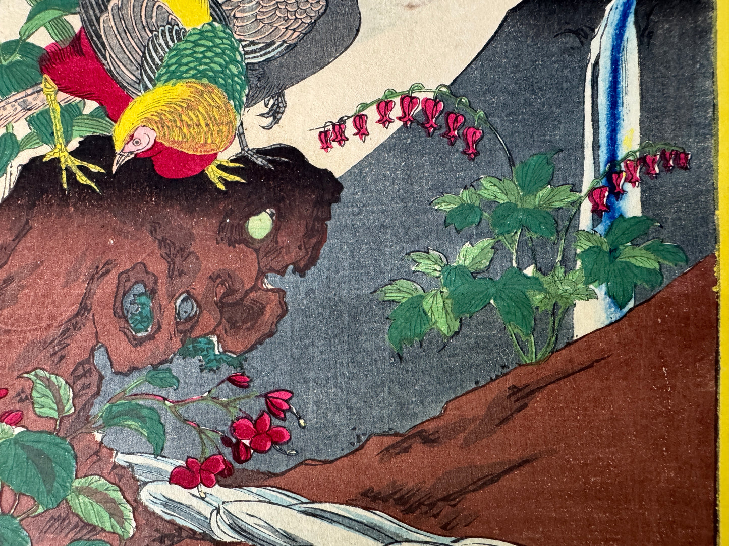 Y9751 WOODBLOCK PRINT Rinsai Lily Golden Pheasant 1 piece Japan Ukiyoe antique