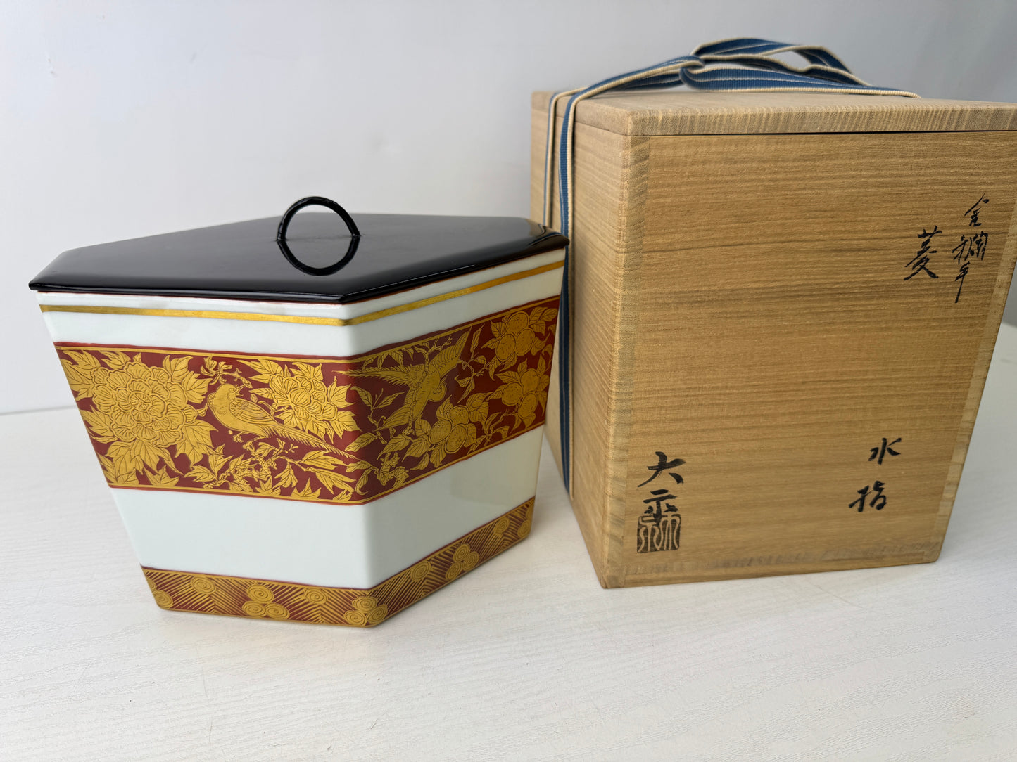 Y9755 MIZUSASHI Kyo-ware water jar signed box Japan antique tea ceremony pot