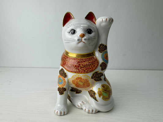 Y9767 OKIMONO ceramic Maneki-neko lucky beckoning cat figurine Japan antique