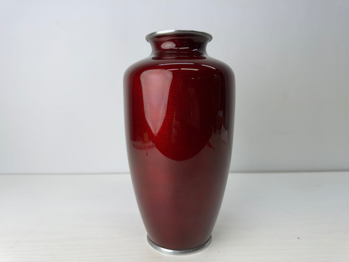 Y9778 FLOWER VASE Cloisonne red flock of Cranes signed box Japan antique ikebana