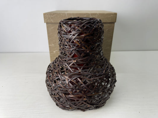 Y9783 Bamboo Woven Basket flower vase box Japan antique ikebana floral decor