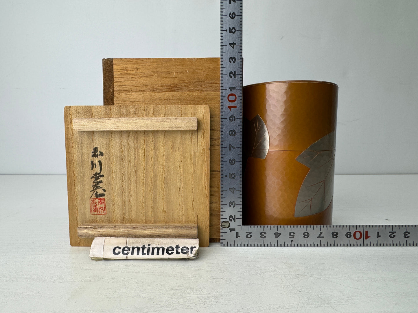 Y9789 TEA CADDY copper hammered container signed box Japan Tea Ceremony utensils